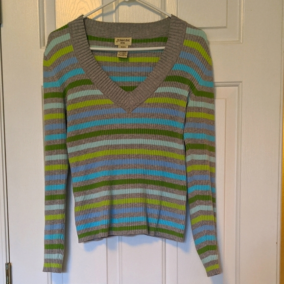 VTG St Johns Bay Women y2k stripe v neck rib knit sweater grey Petite L Pullover - Picture 1 of 3